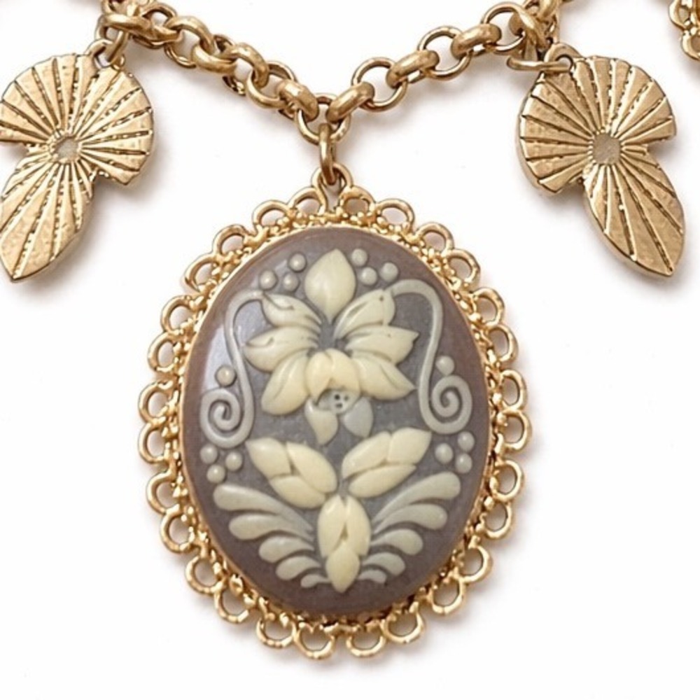 Lia Sophia Gold Tone Floral Cameo Statement Necklace Amber Grey Cabochon Charms